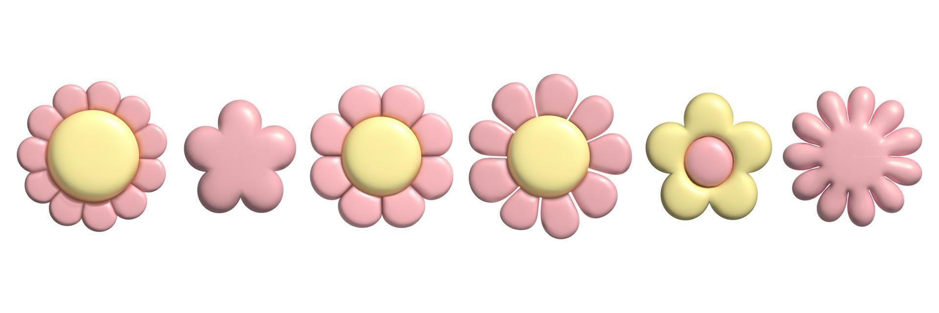 3D pastel flower set with plasticine effect. Y2k cute daisy stickers in trendy plastic style. vector
