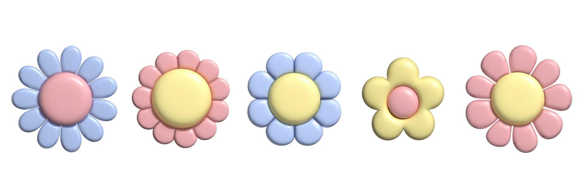 3D pastel flower set with plasticine effect. Y2k cute daisy stickers in trendy plastic style. vector
