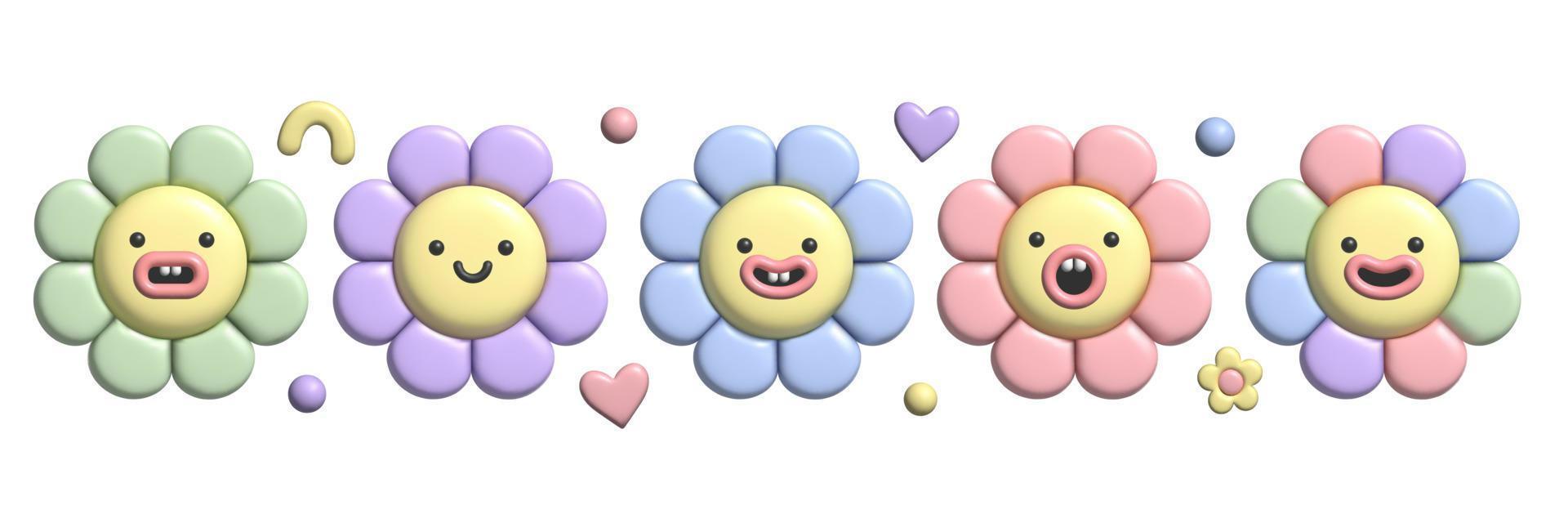 Conjunto de flores pastel 3d con efecto plastilina. y2k lindas pegatinas de margarita con sonrisa en un moderno estilo de plástico. vector