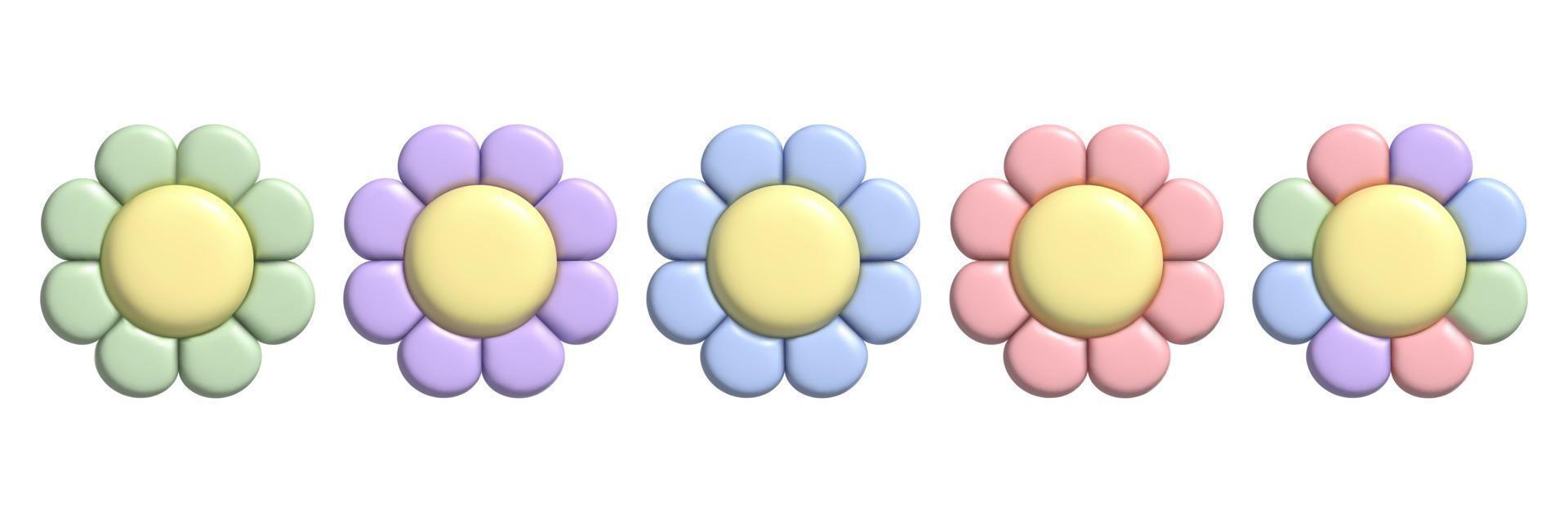 Conjunto de flores pastel 3d con efecto plastilina. lindas pegatinas de margarita y2k en un moderno estilo de plástico. vector