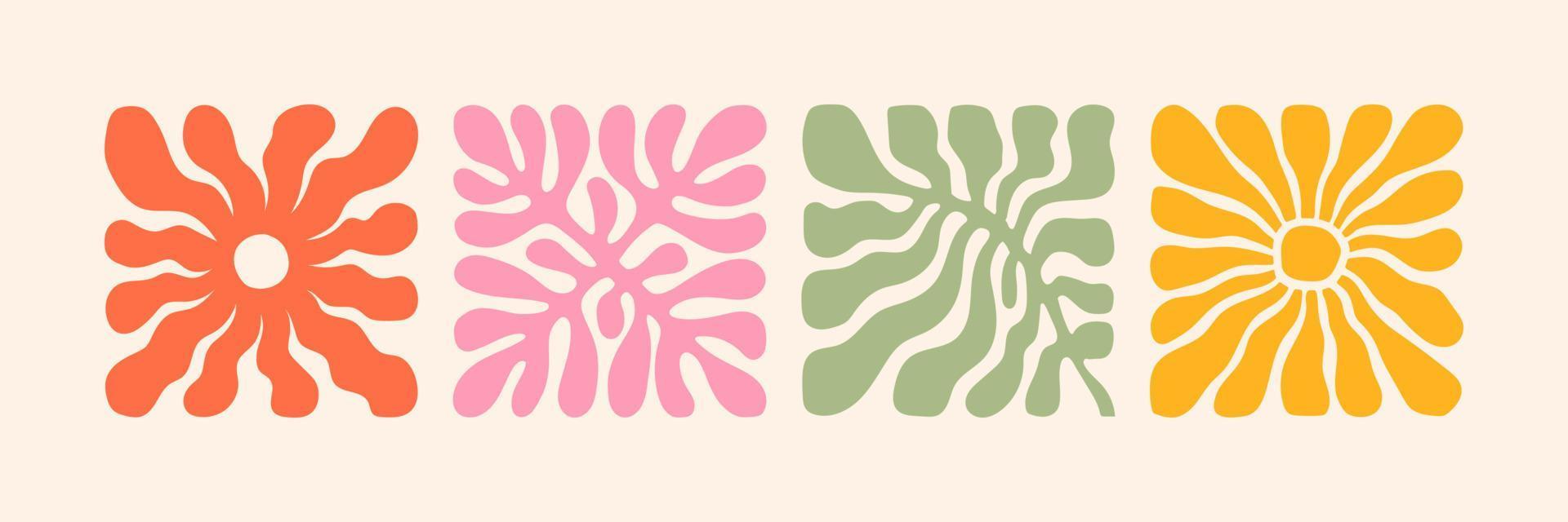 Groovy abstract flower art set. Organic doodle shapes in trendy naive retro hippie 60s 70s style. vector