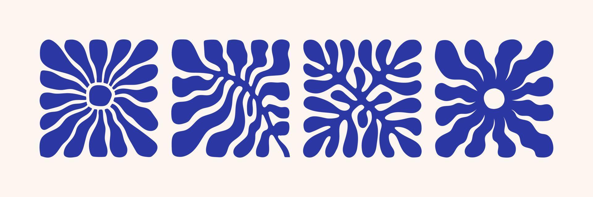 Matisse abstract flower art set. Organic doodle shapes in trendy naive retro style and blue colors. vector