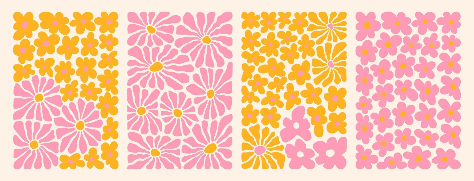 Groovy abstract flower art set. Organic doodle shapes in trendy naive retro hippie 60s 70s style. vector
