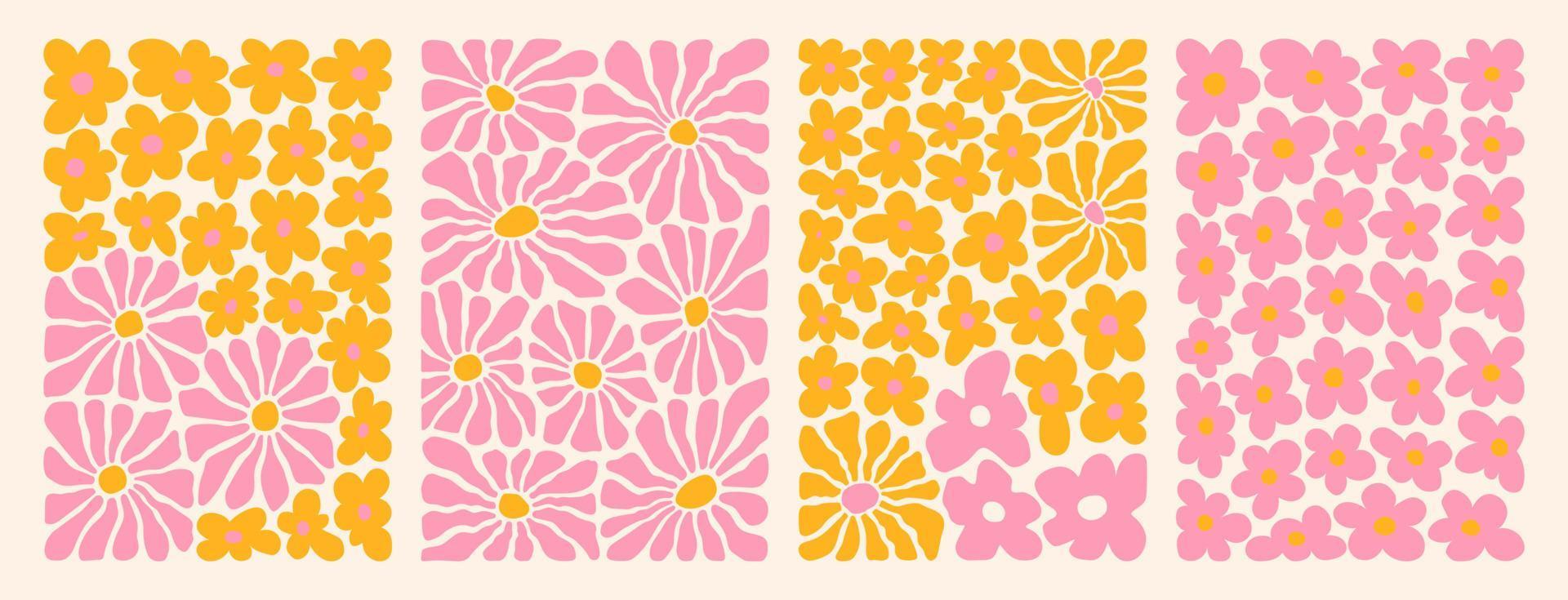 Groovy abstract flower art set. Organic doodle shapes in trendy naive retro hippie 60s 70s style. vector