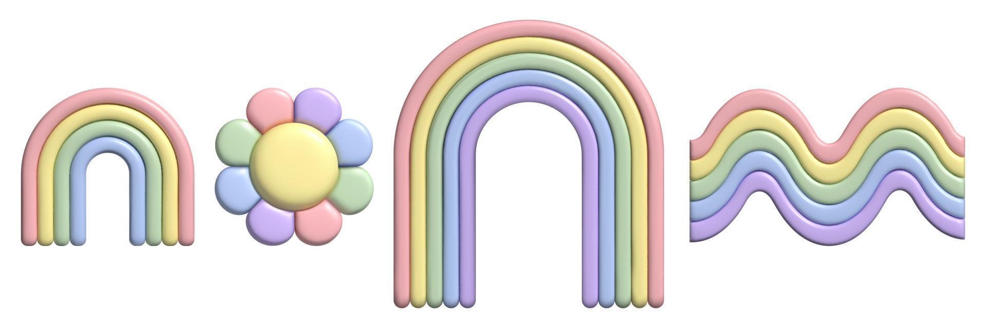 3D pastel rainbow and flower set with plasticine effect. Y2k cute stickers in trendy plastic style. vector