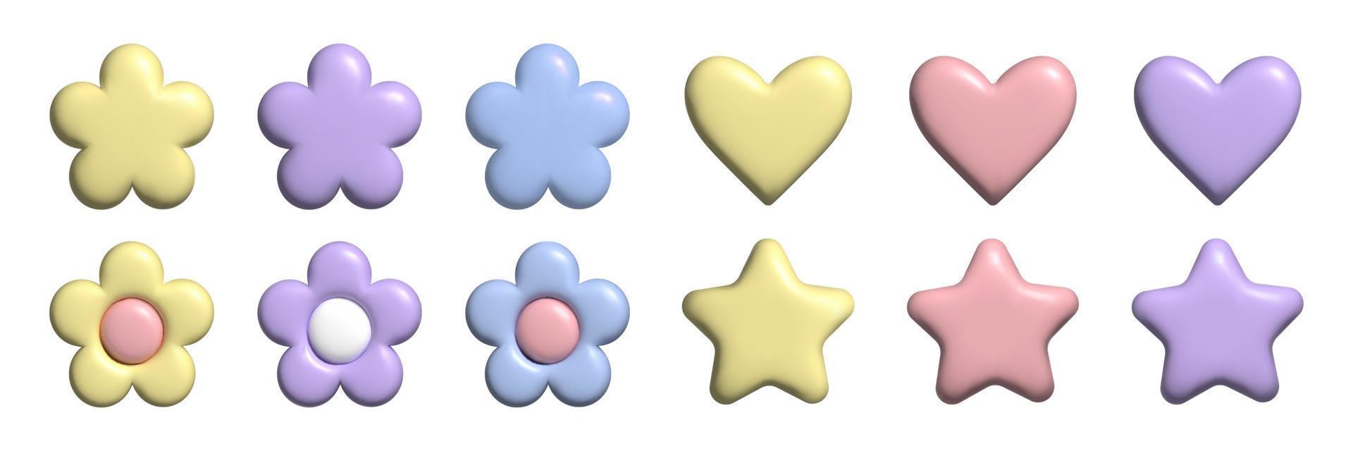 3D pastel flower heart and star set with plasticine effect. Y2k cute sticker in trendy plastic style vector