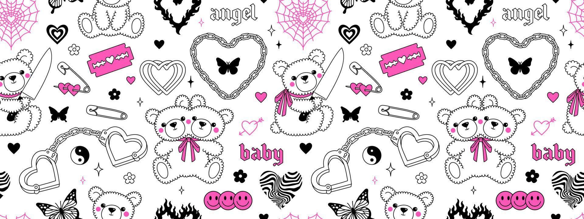 Y2k pink goth semless pattern in trendy emo 2000s style. Butterfly kawaii bear heart tattoo etc. vector