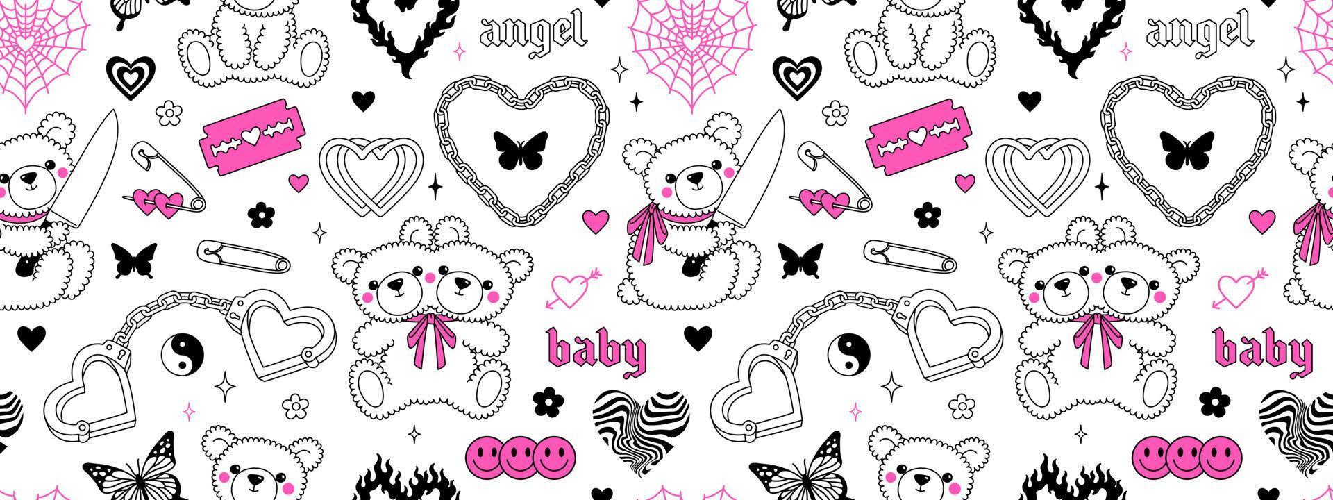 Y2k pink goth semless pattern in trendy emo 2000s style. Butterfly kawaii bear heart tattoo etc. vector