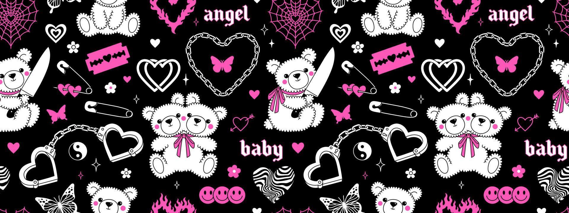 Y2k pink goth semless pattern in trendy emo 2000s style. Butterfly kawaii bear heart tattoo etc. vector