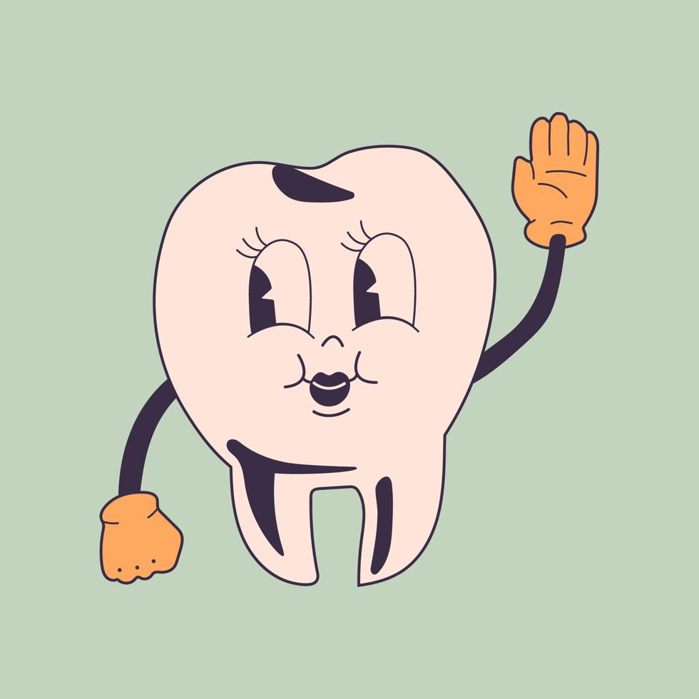 Tooth in retro cartoon style illustration, vintage character vector art collection