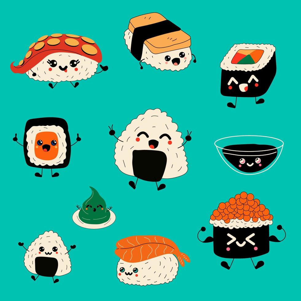 Emoji sushi characters.Cartoon japanese food. Vector set sushi cartoon characters. Funny characters sushi. Vector illustration isolated on white background