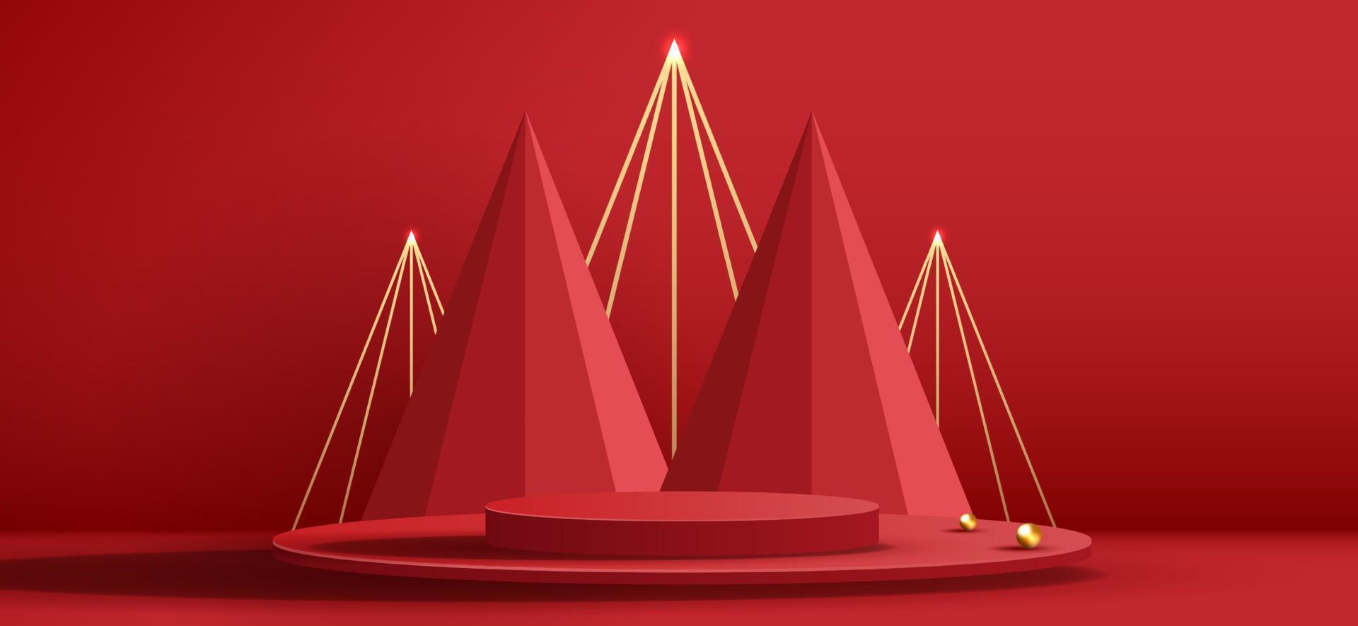 forma de podio para mostrar la exhibición de productos cosméticos para el día de navidad o año nuevo. escaparate de productos de pie sobre fondo rojo con árbol de navidad. diseño vectorial vector
