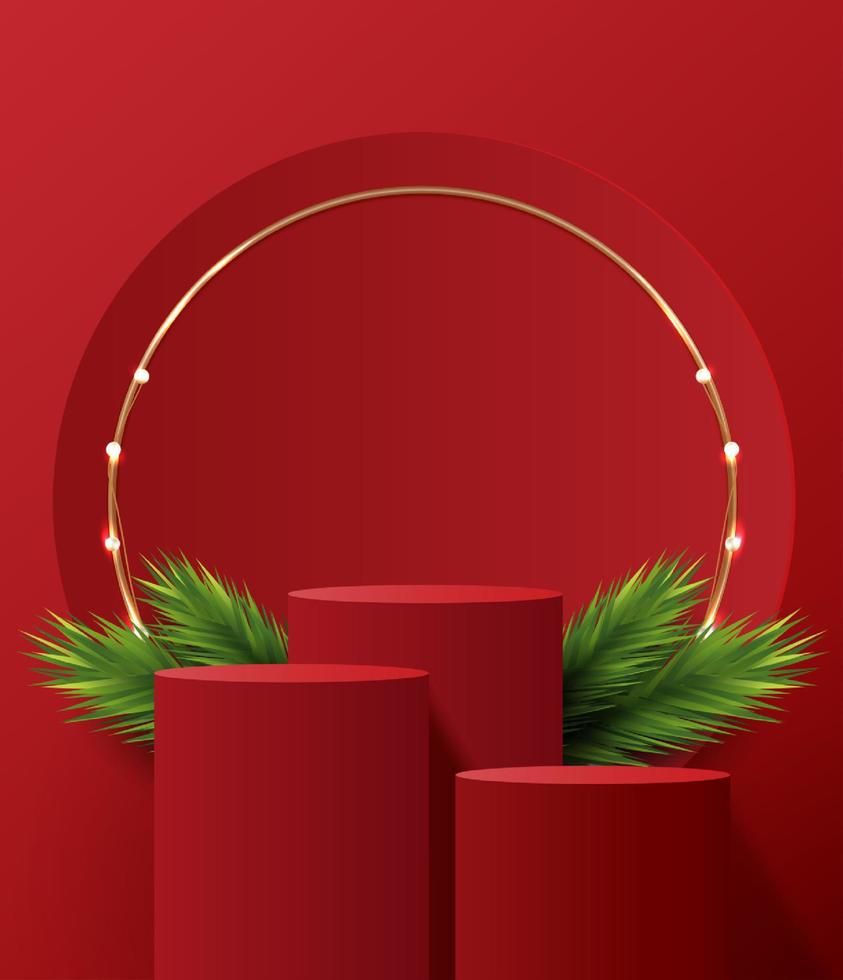 forma de podio para mostrar la exhibición de productos cosméticos para el día de navidad o año nuevo. escaparate de productos de pie sobre fondo rojo con árbol de navidad. diseño vectorial vector