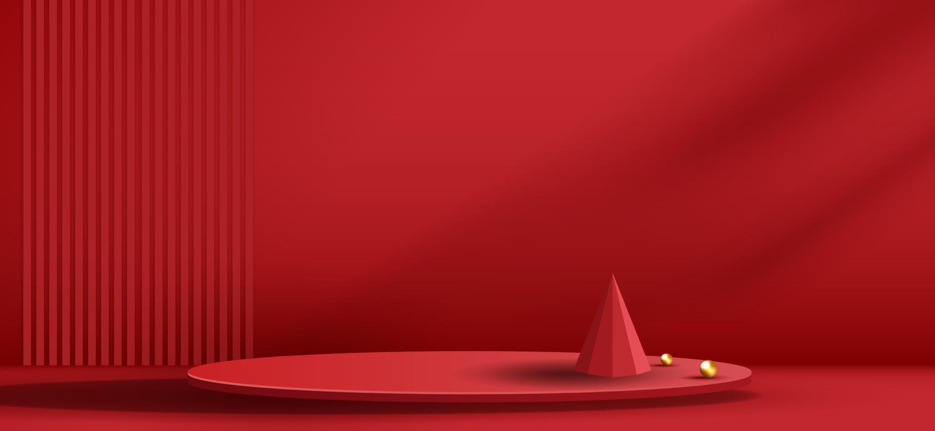 Podium shape for show cosmetic product display for Christmas day or New Years. Stand product showcase on red background with tree christmas. vector design.