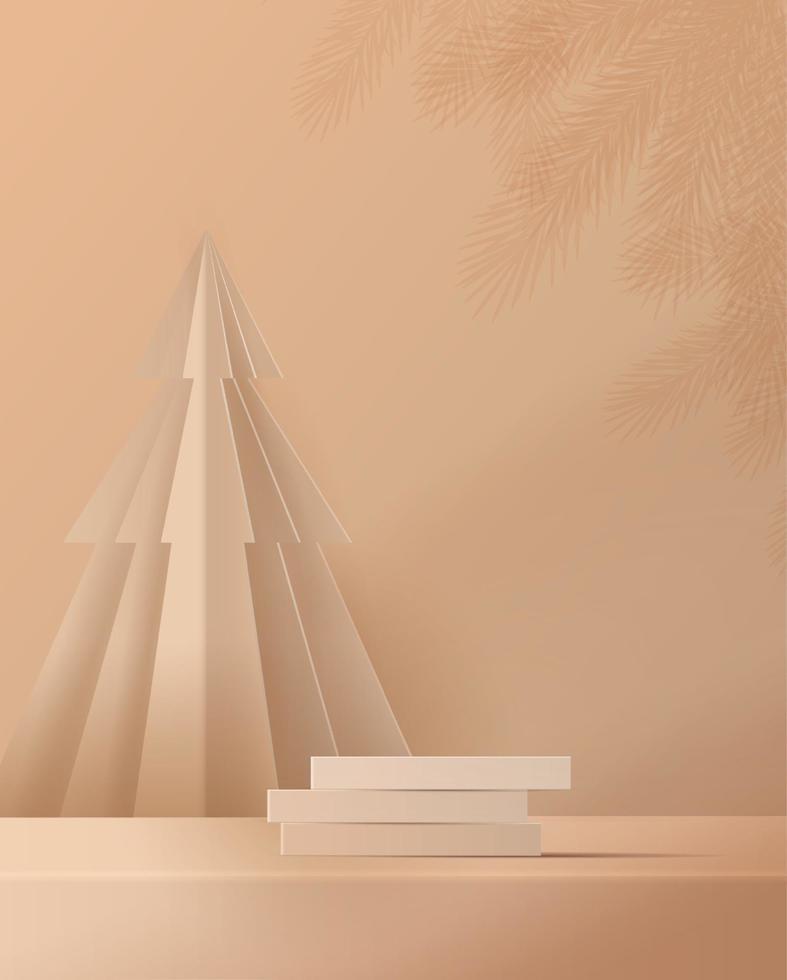 forma de podio para mostrar la exhibición de productos cosméticos para el día de navidad o año nuevo. expositor de productos de pie sobre fondo marrón con árbol de navidad. diseño vectorial vector