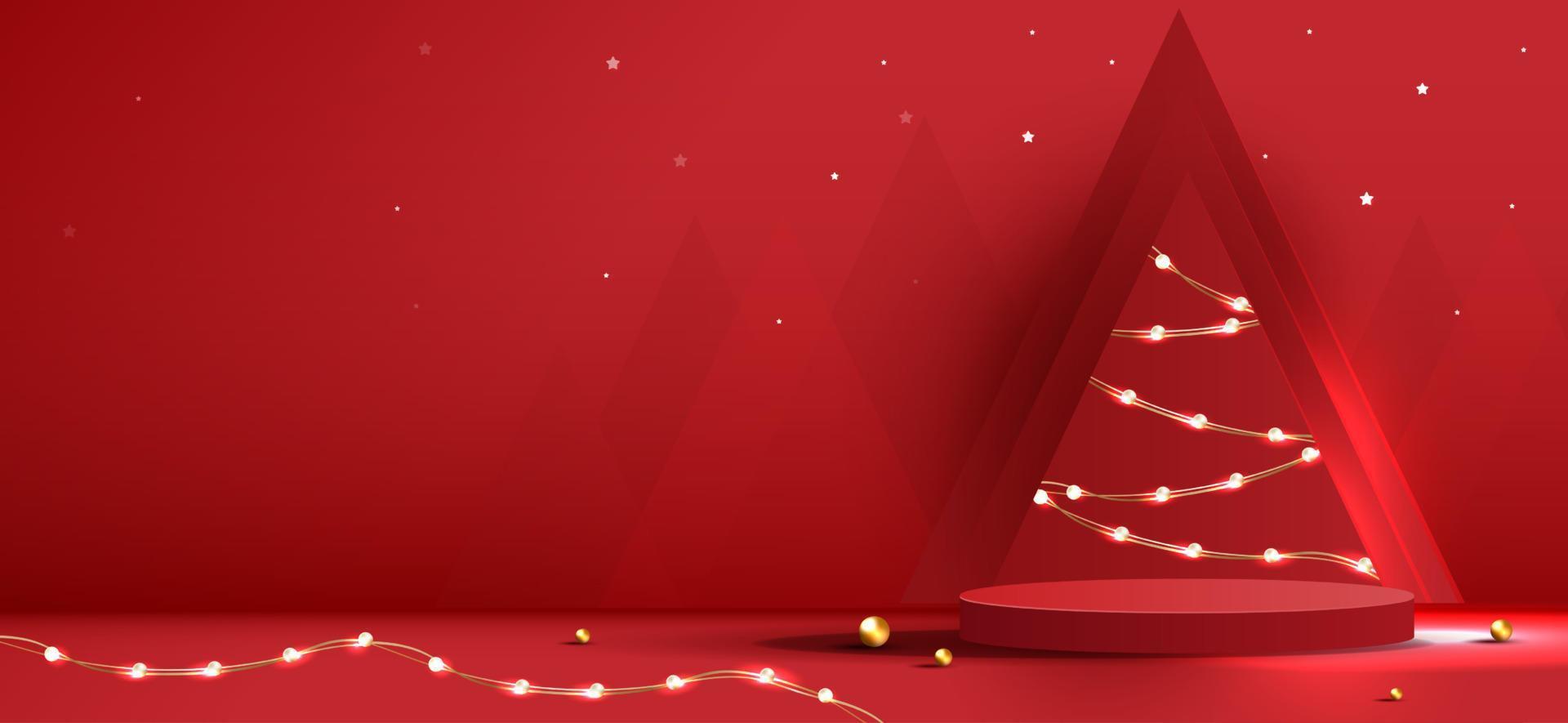 Podium shape for show cosmetic product display for Christmas day or New Years. Stand product showcase on red background with tree christmas. vector design.