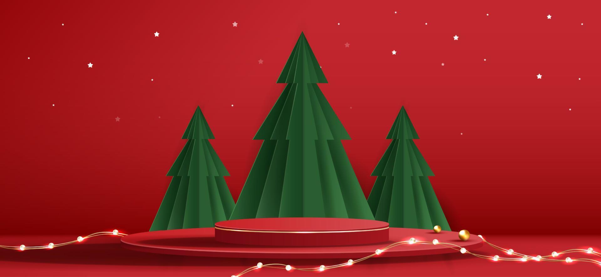 forma de podio para mostrar la exhibición de productos cosméticos para el día de navidad o año nuevo. escaparate de productos de pie sobre fondo rojo con árbol de navidad. diseño vectorial vector