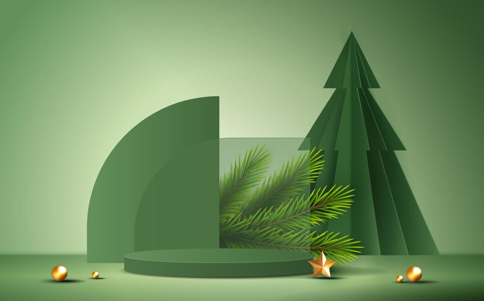 forma de podio para mostrar la exhibición de productos cosméticos para el día de navidad o año nuevo. escaparate de productos de pie sobre fondo verde con árbol de navidad. diseño vectorial vector