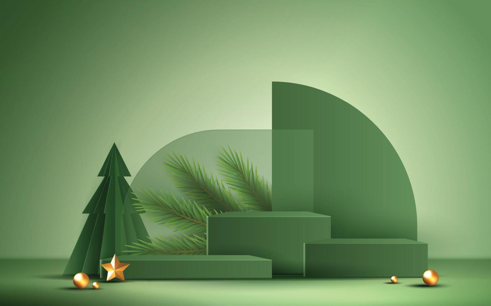 forma de podio para mostrar la exhibición de productos cosméticos para el día de navidad o año nuevo. escaparate de productos de pie sobre fondo verde con árbol de navidad. diseño vectorial vector