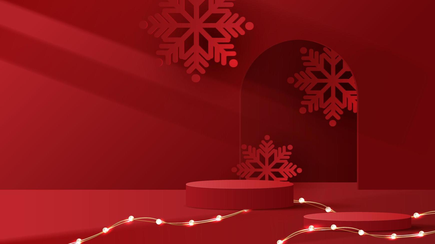 Podium shape for show cosmetic product display for Christmas day or New Years. Stand product showcase on red background with tree christmas. vector design.