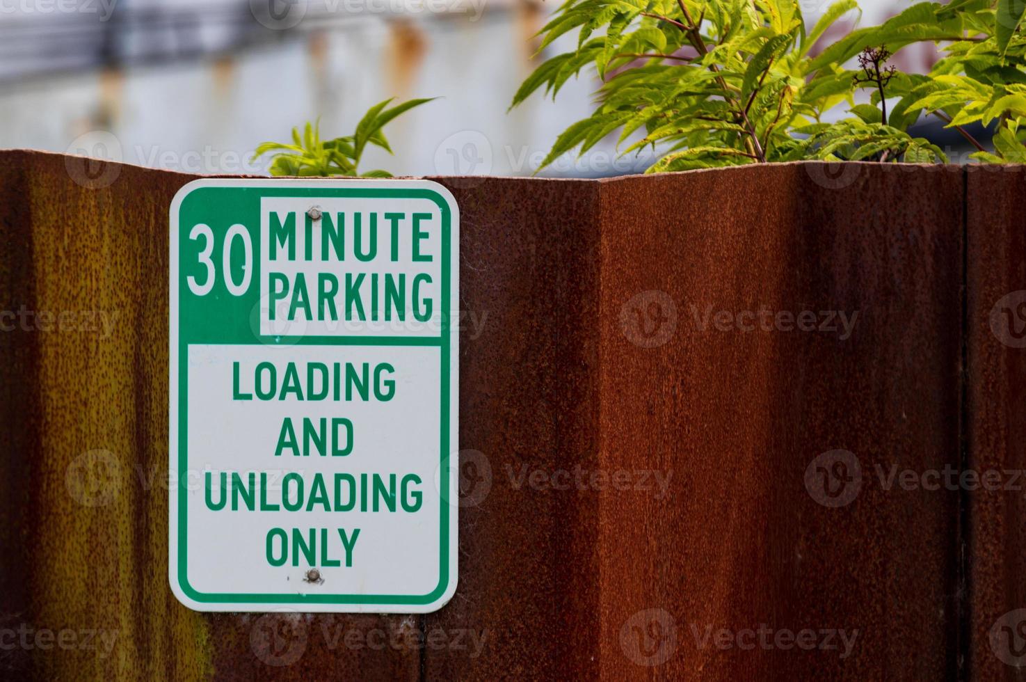 Old faded worn metal 30 minute parking sign with green text photo