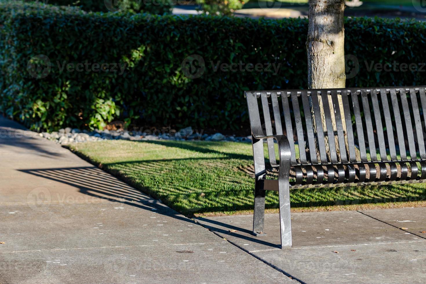 Park bench casting a shadow on a walkway photo