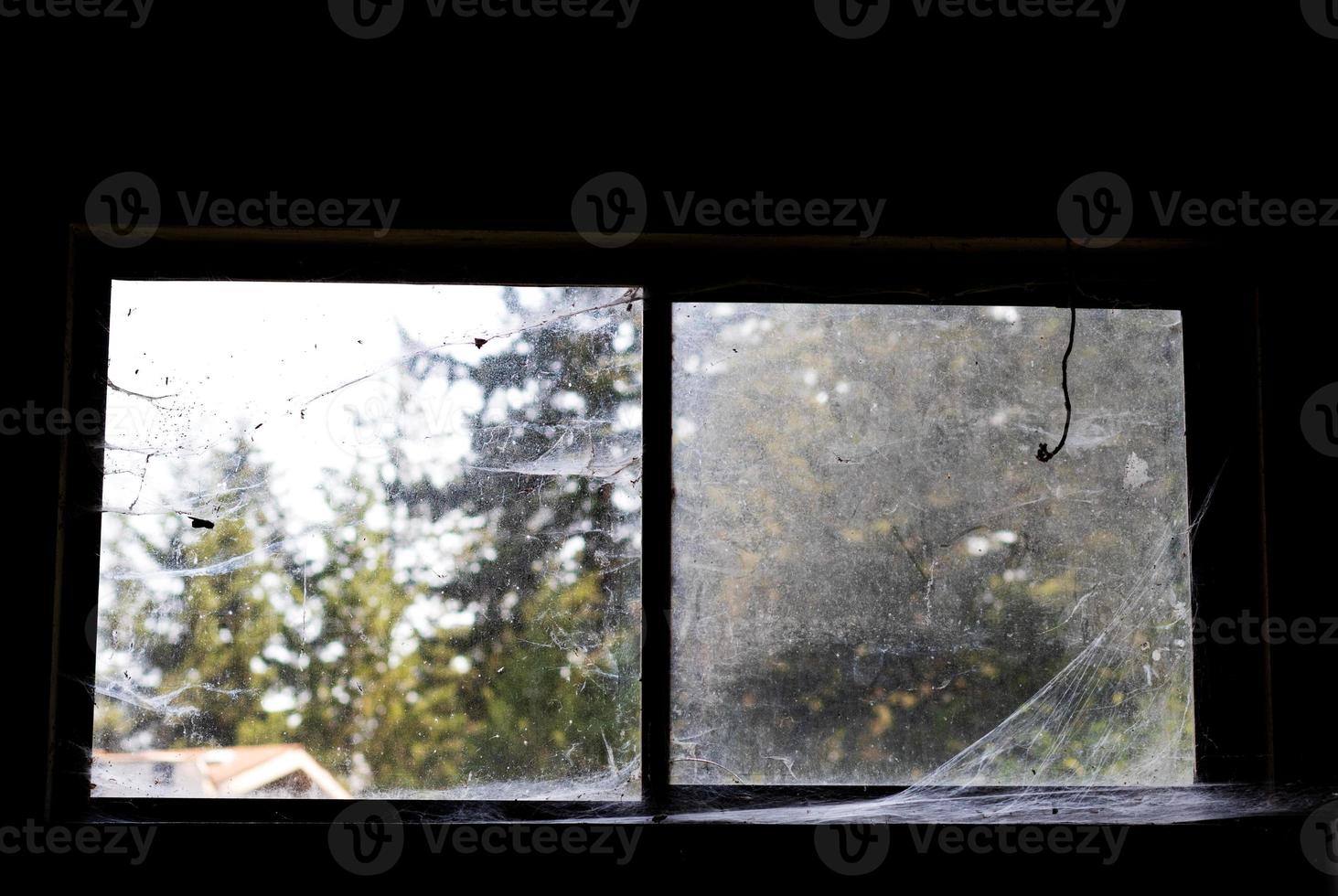 Dirty old neglected spider web covered window looking out in to a forest photo