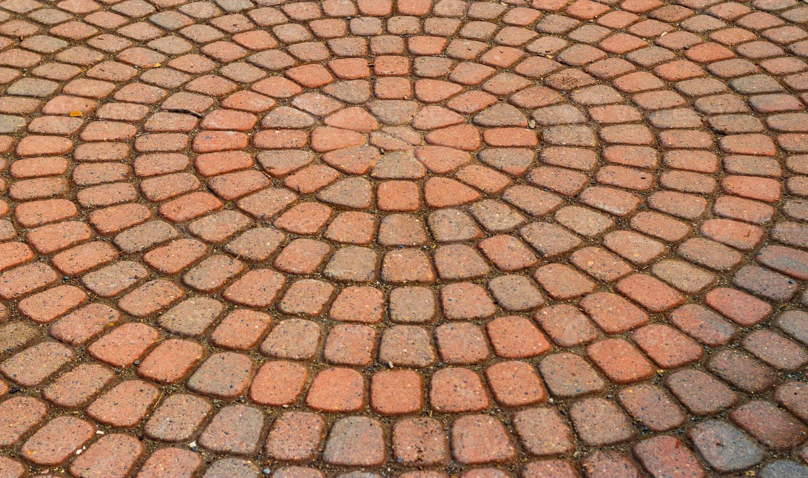 Red circular paved bricks with dirty moss photo