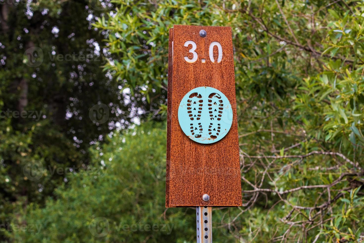 Hiking trail sign post with trees photo