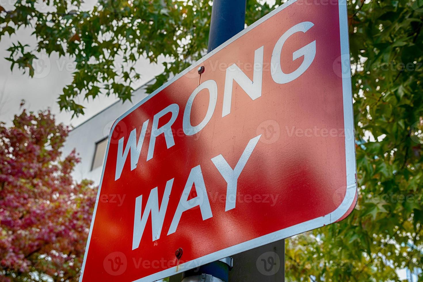 Red wrong way sign on a post photo