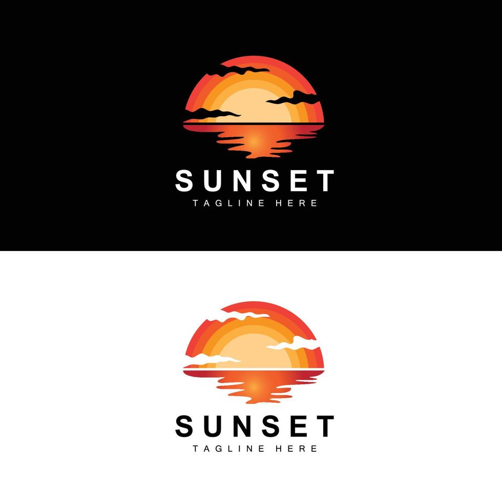 diseño del logotipo de la playa al atardecer, ilustración del paisaje marino, vector de punto de vacaciones de día rojo