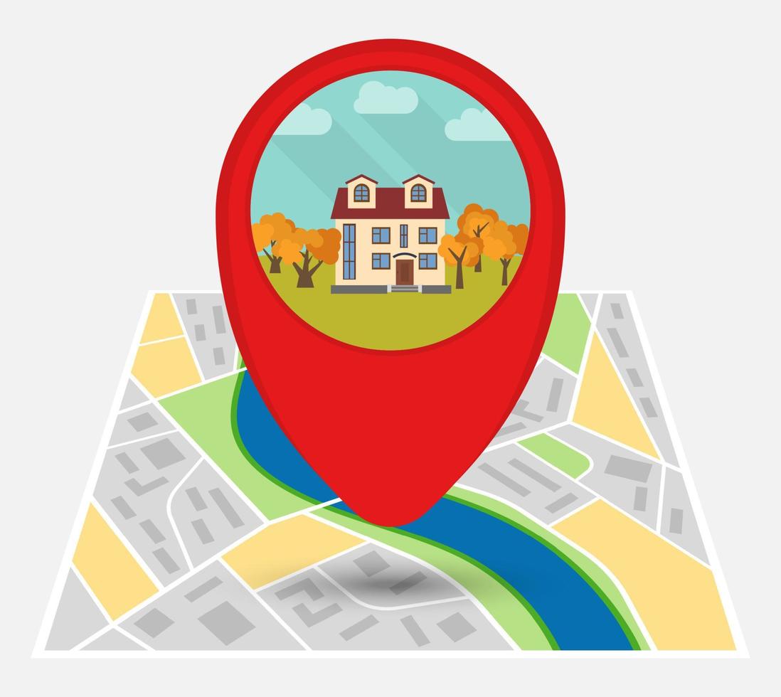 Map of an imaginary city with point on the map with a lonely house. Vector illustration.