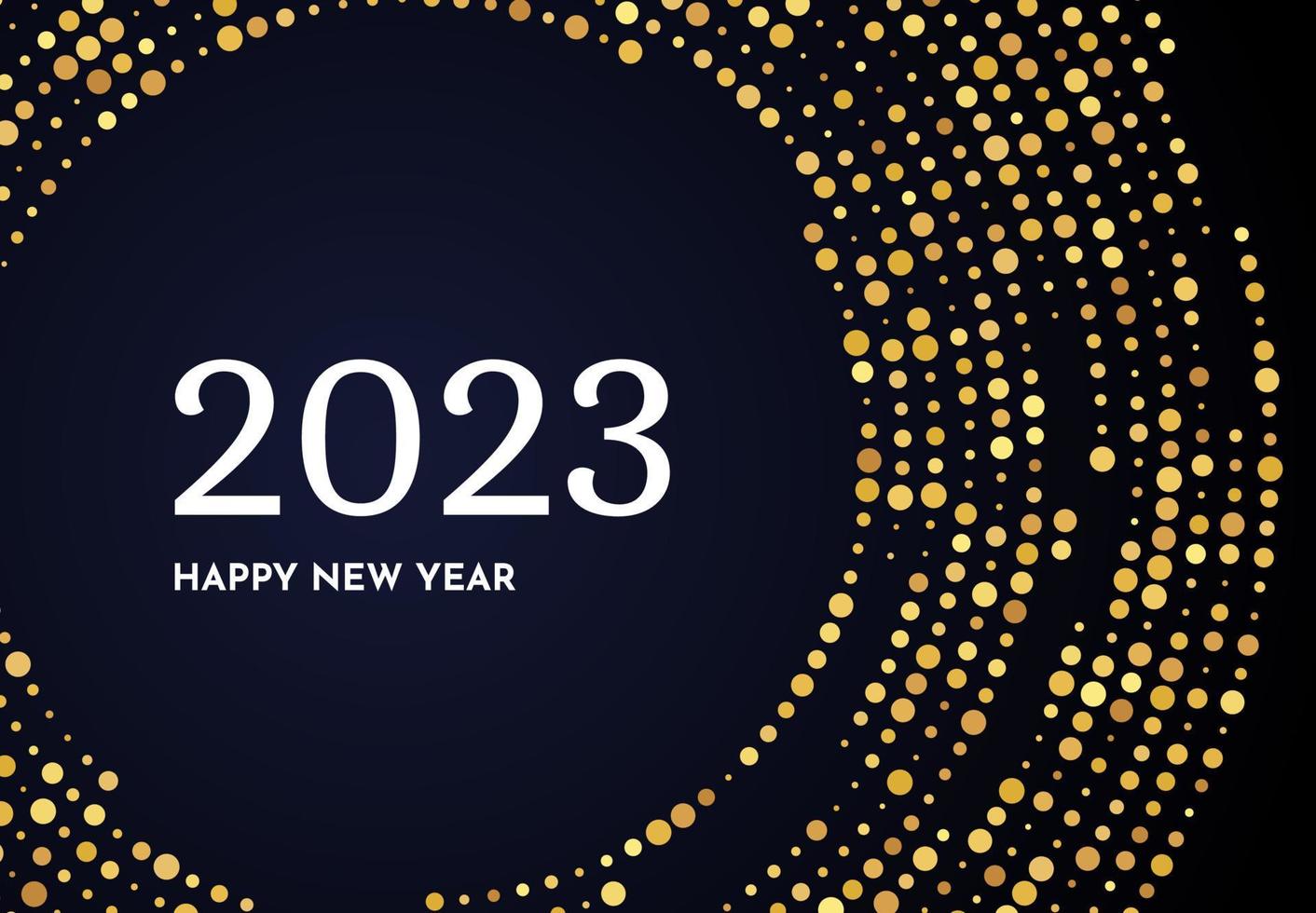 2023 Happy New Year of gold glitter pattern in circle form. Abstract gold glowing halftone dotted background for Christmas holiday greeting card on dark background. Vector illustration