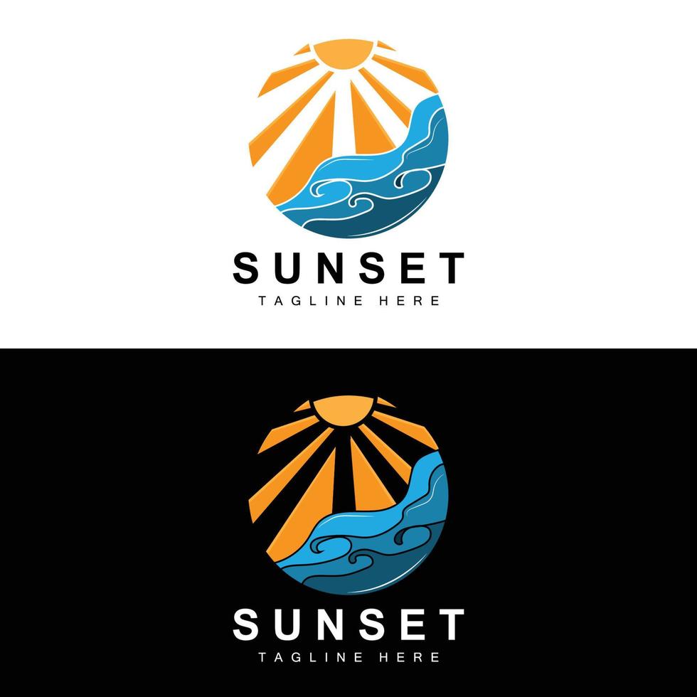 diseño del logotipo de la playa al atardecer, ilustración del paisaje marino, vector de punto de vacaciones de día rojo