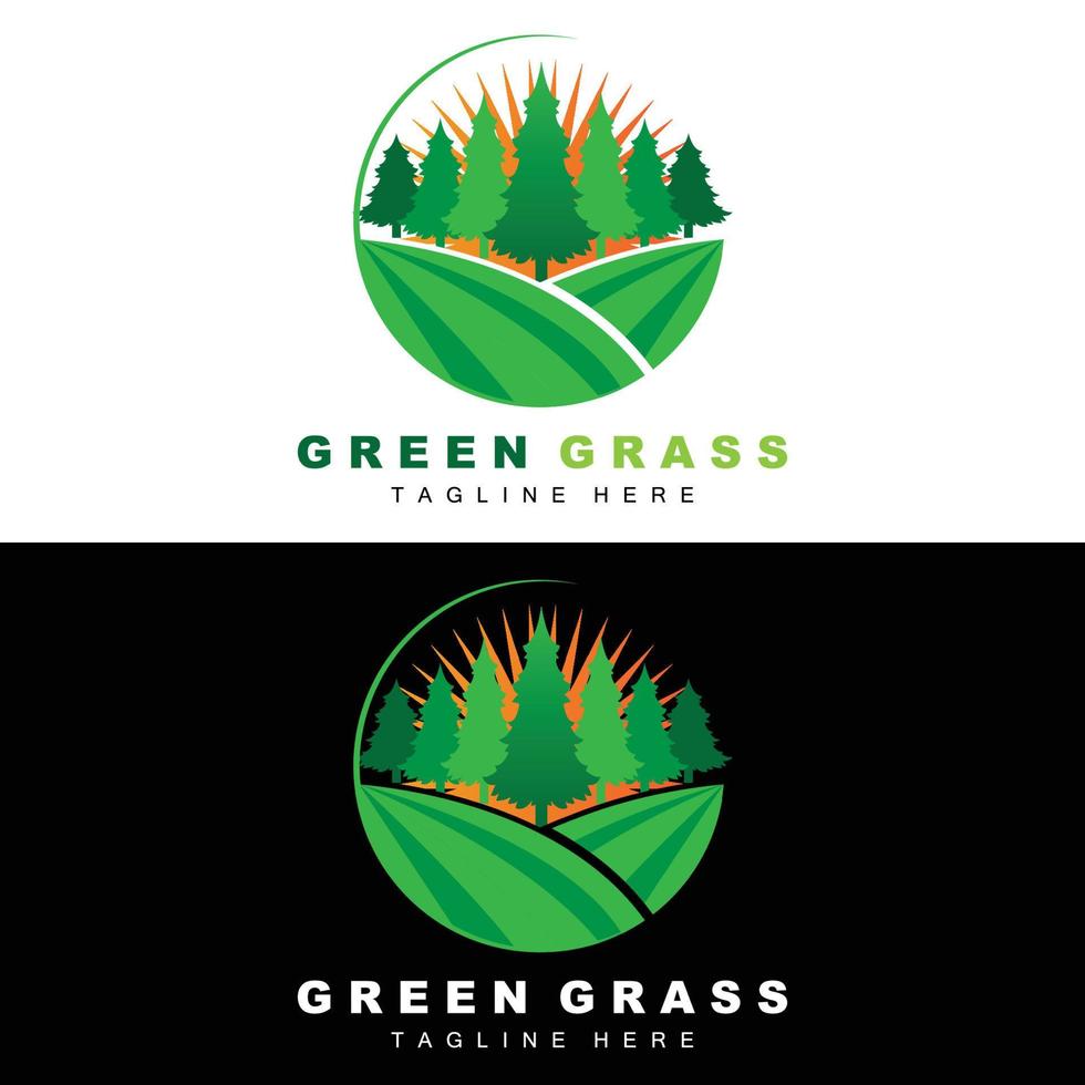 diseño de logotipo de hierba verde, ilustración de paisaje de granja, vector de paisaje natural