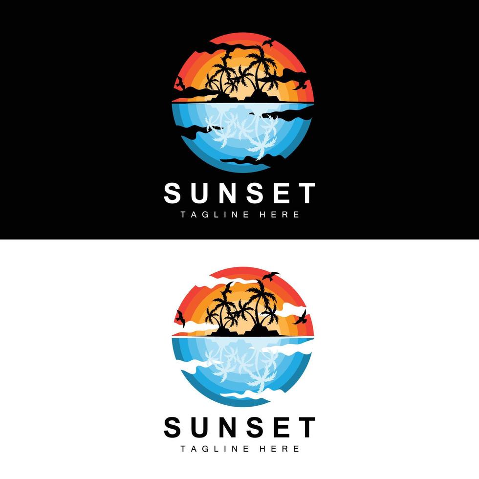 diseño del logotipo de la playa al atardecer, ilustración del paisaje marino, vector de punto de vacaciones de día rojo