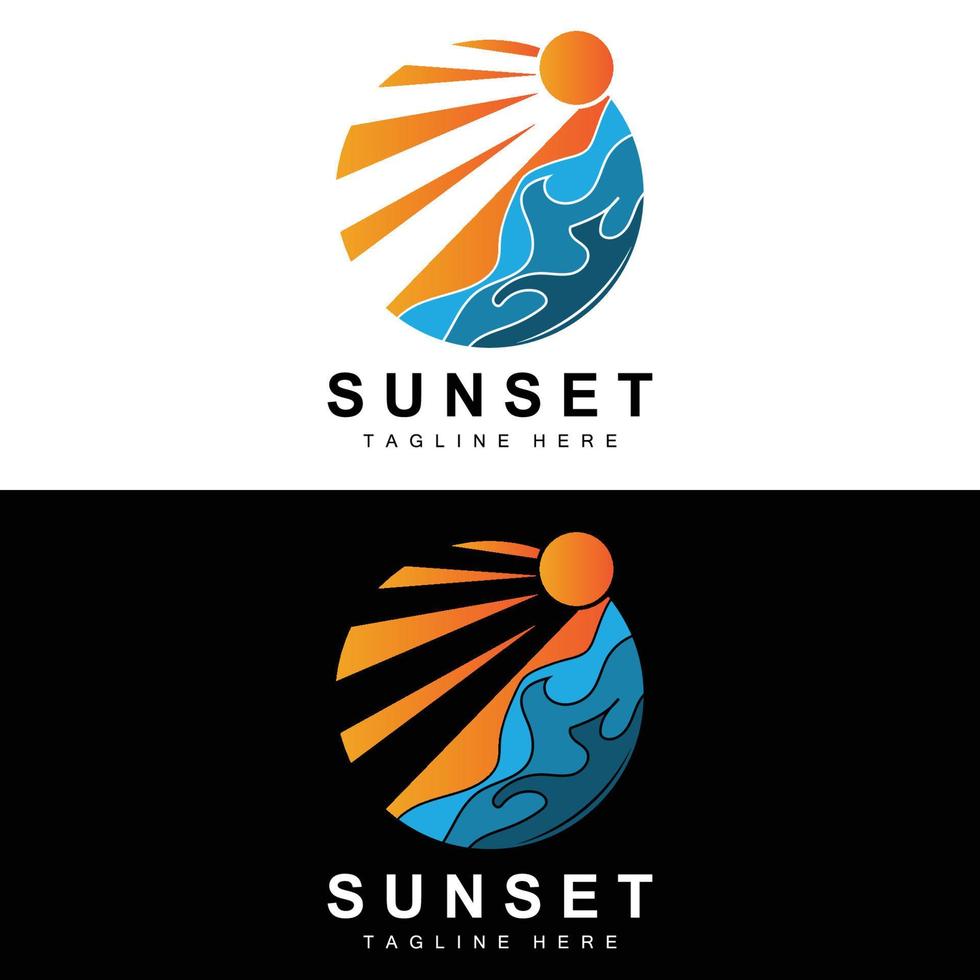 diseño del logotipo de la playa al atardecer, ilustración del paisaje marino, vector de punto de vacaciones de día rojo