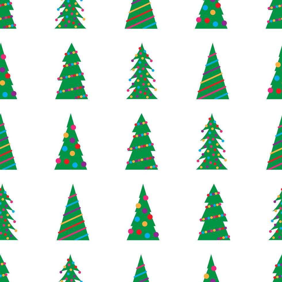 Christmas seamless pattern with green Christmas trees with colorful toys, balls and garlands. Vector illustration