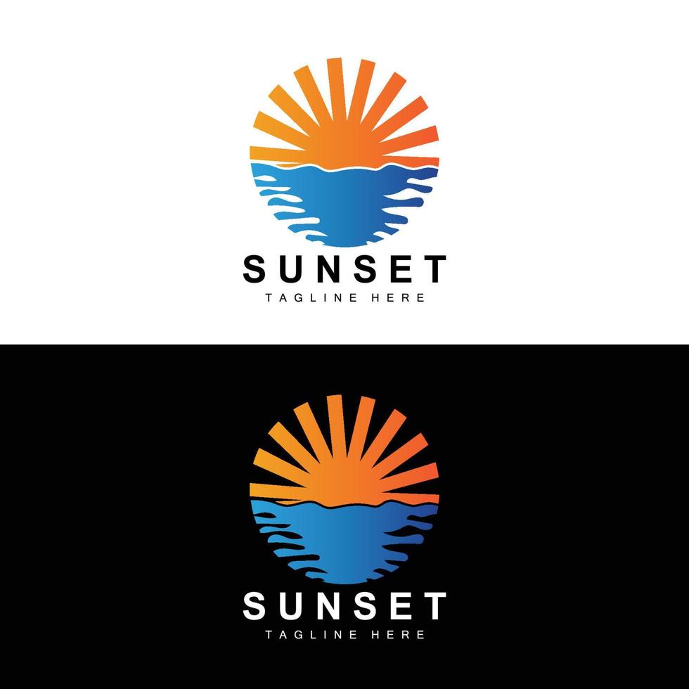 diseño del logotipo de la playa al atardecer, ilustración del paisaje marino, vector de punto de vacaciones de día rojo