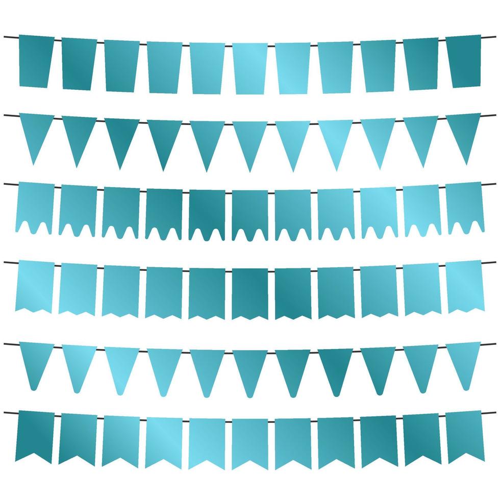 Blue flags and bunting garlands for decoration. Decor elements with various patterns. Vector illustration