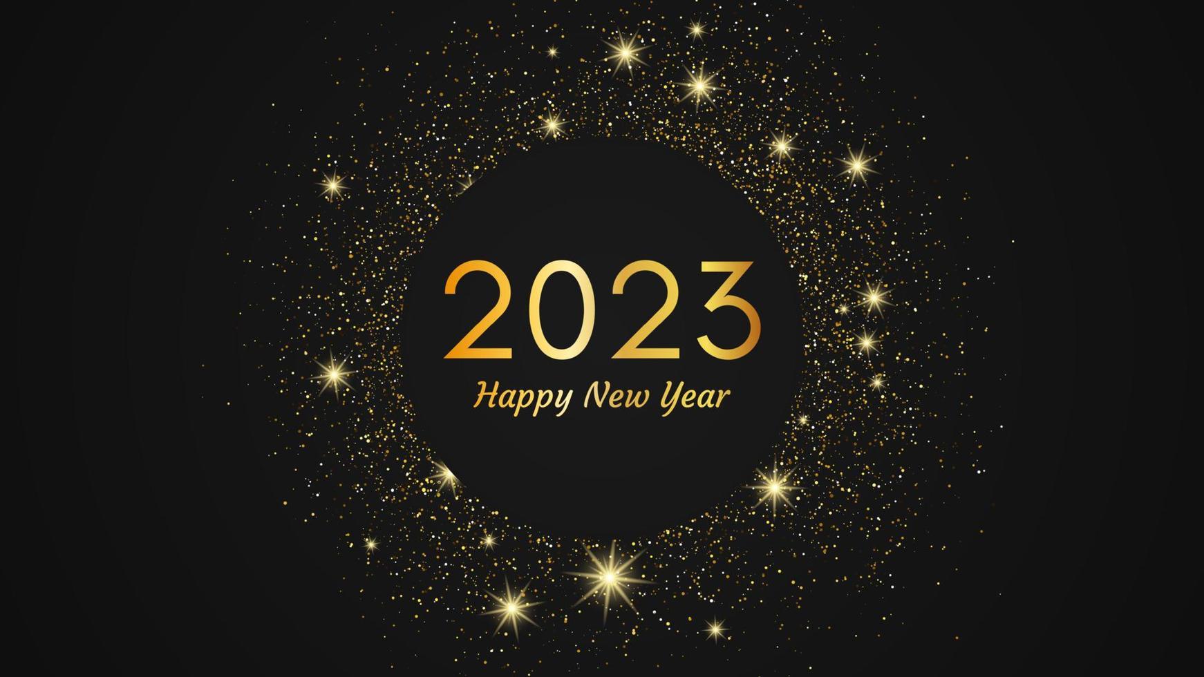 2023 Happy New Year gold background. Abstract backdrop with a gold inscription on dark for Christmas holiday greeting card, flyers or posters. Vector illustration