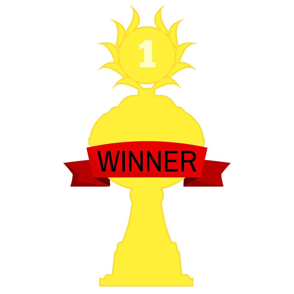 Champion cup in gold with red ribbon and incription winner. Championship prizes for first place. Victory symbols isolated on white background. vector