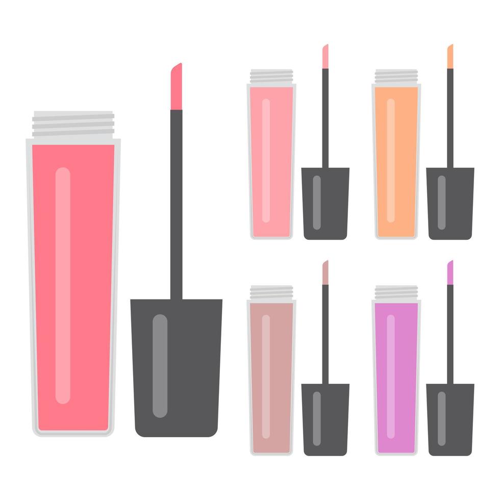 Set of makeup items. Five bright lip gloss. Vector illustration.