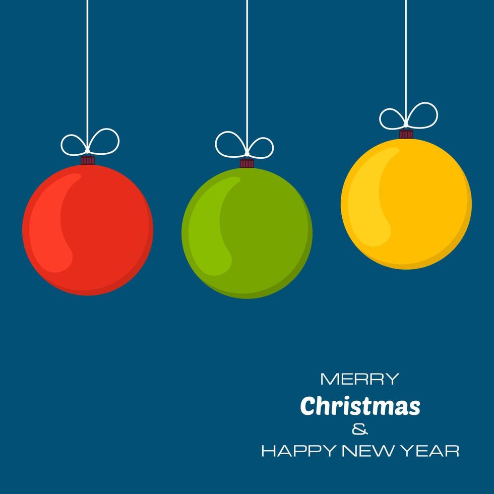 Merry Christmas and Happy New Year blue background with three christmas balls. Vector background for your greeting cards, invitations, festive posters.