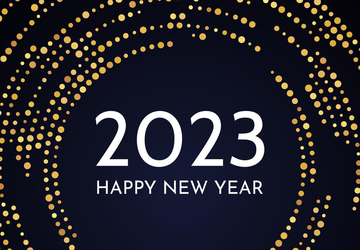 2023 Happy New Year of gold glitter pattern in circle form. Abstract gold glowing halftone dotted background for Christmas holiday greeting card on dark background. Vector illustration