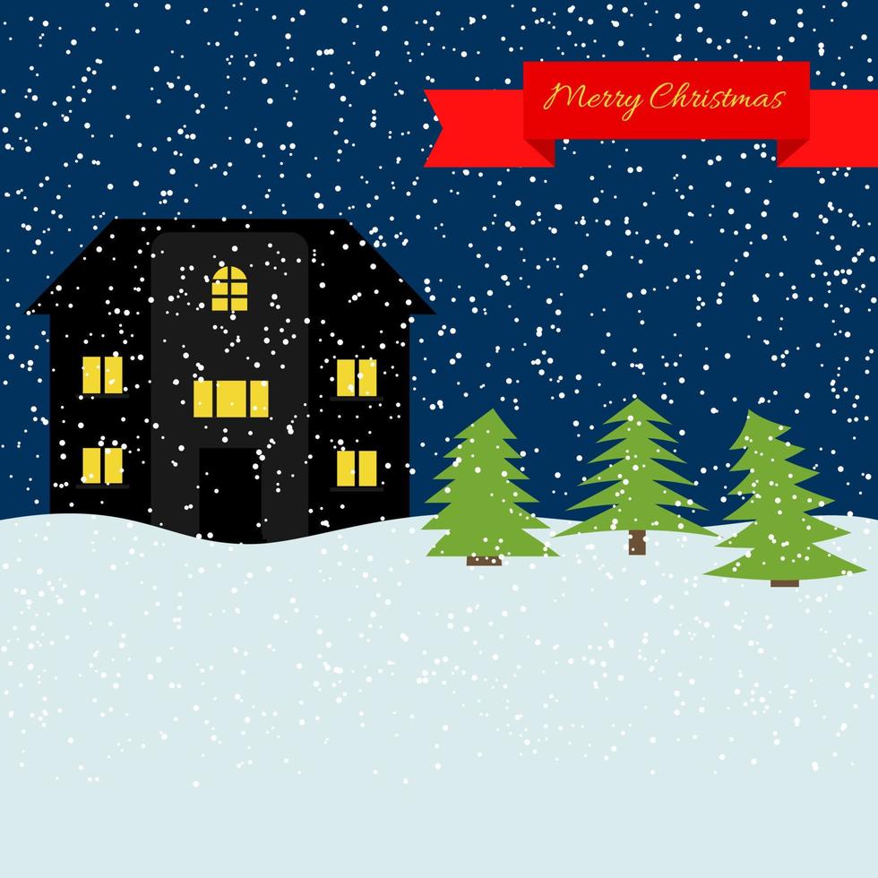 Winter night with lonely house and falling snow and a red ribbon with the inscription Happy Christmas. Vector illustration.