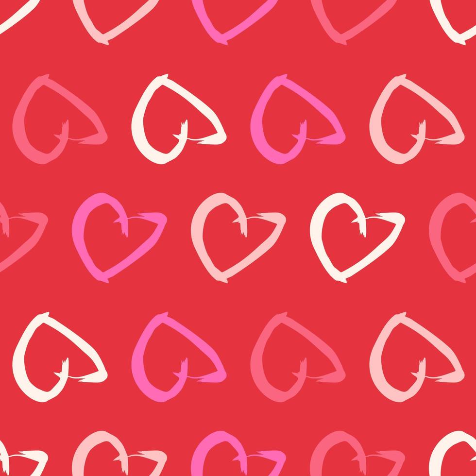 Seamless pattern with hand drawn hearts. Doodle grunge red hearts on red background. Vector illustration.