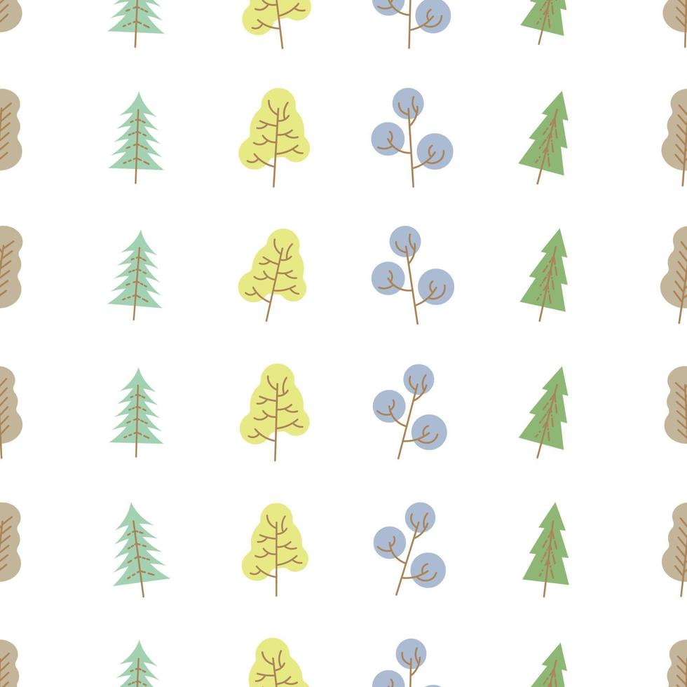 Seamless pattern with colored trees on white background. Vector illustration.