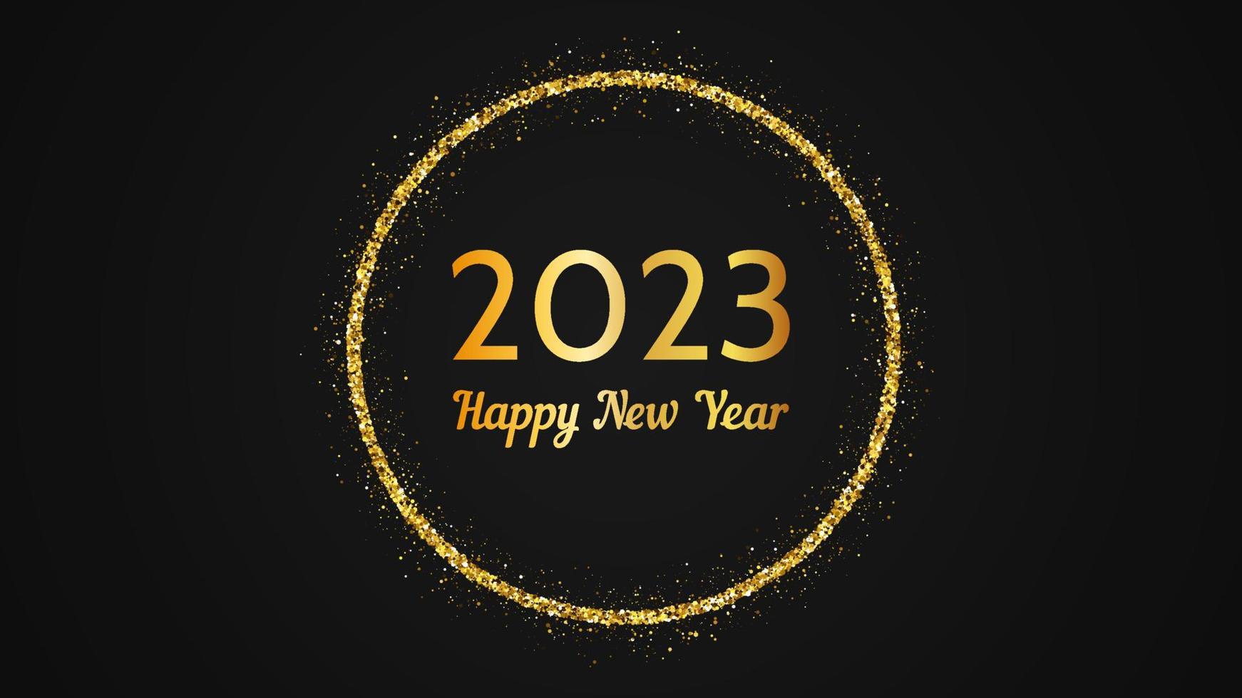 2023 Happy New Year background. Gold inscription in a gold glitter circle for Christmas holiday greeting card, flyers or posters. Vector illustration