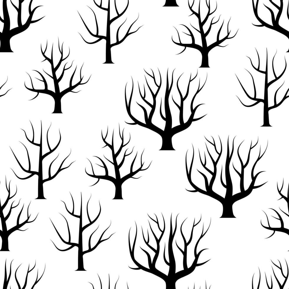 árboles curvos en blanco y negro sin costuras sin fondos de hojas. textura transparente del bosque vectorial. vector